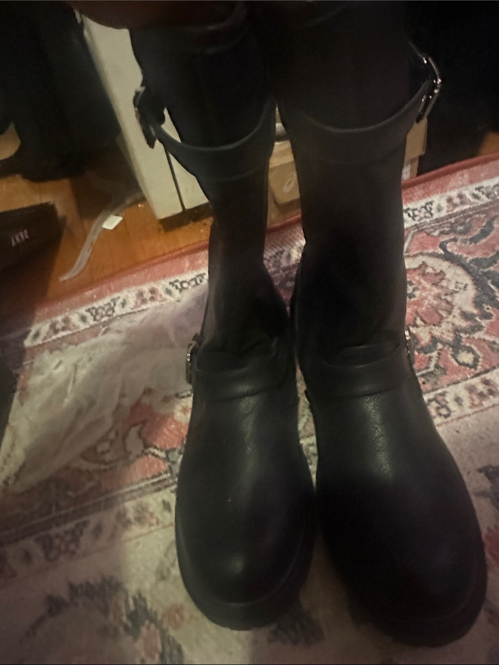 DKNY Black Leather Ankle Boots with Buckle Accent